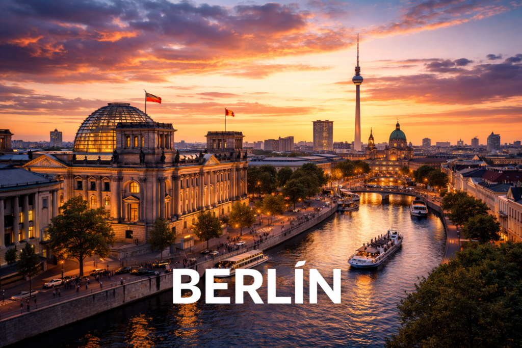 Vista panorámica de Berlín al atardecer con el río Spree y la torre de televisión